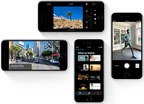 Bilde av flere iPhone SE med diverse ting man kan gjøre på skjermene